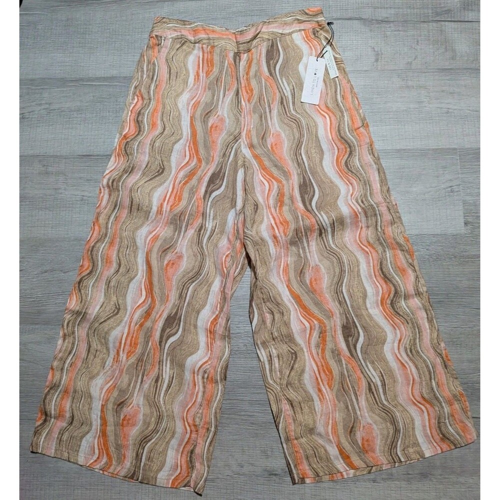 Rachel Zoe Women's 100% Linen Wide Leg Pants Sz L Multi Stripes Lagenlook NWT